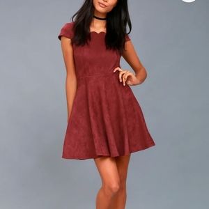 BRAND NEW LULU'S Dearest Dreams Wine Red Suede Skater Dress SIZE XS $66